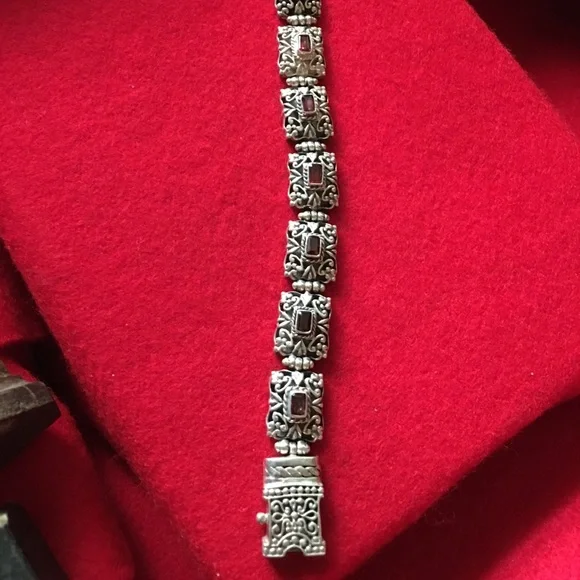 AF 925 silver & square cut garnet filigree bracelet - Picture 7 of 11
